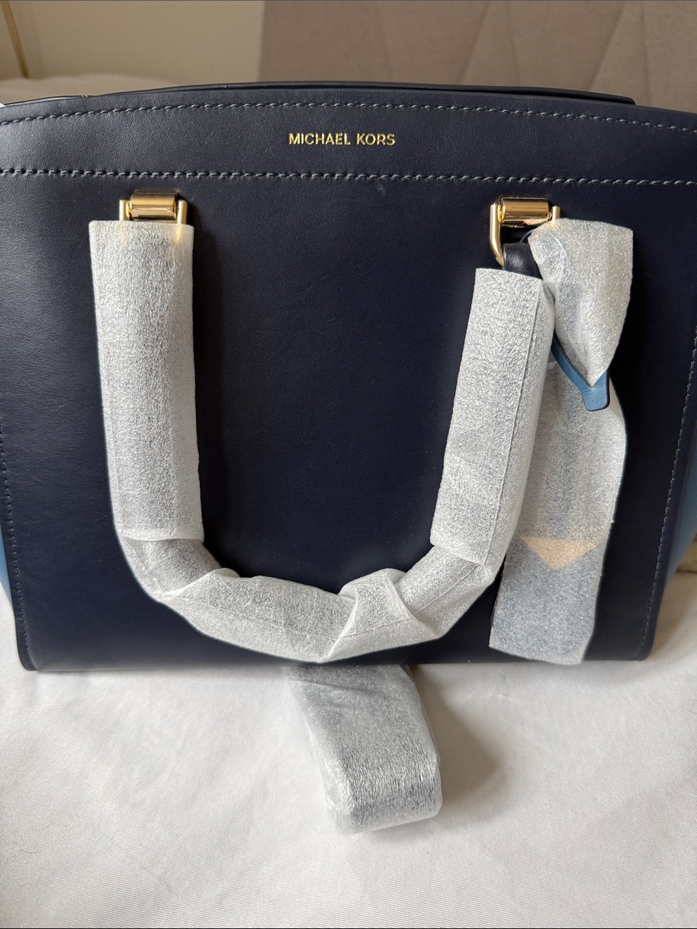 Michael Kors Navy Leather Satchel with Gold Hardware